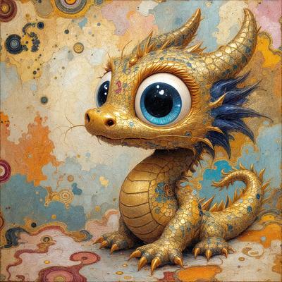 The primary subject of the image is a small, colorful dragon with blue eyes, sitting on a colorful surface. The dragon appears to be painted or drawn, giving it a unique and vibrant appearance. The setting or background features a colorful, patterned surface, which complements the dragon's vivid colors and adds to the overall atmosphere of the image.